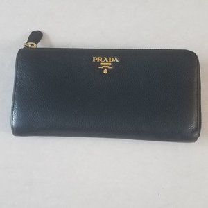 Prada Black Leather Wallet with Gold Accents
